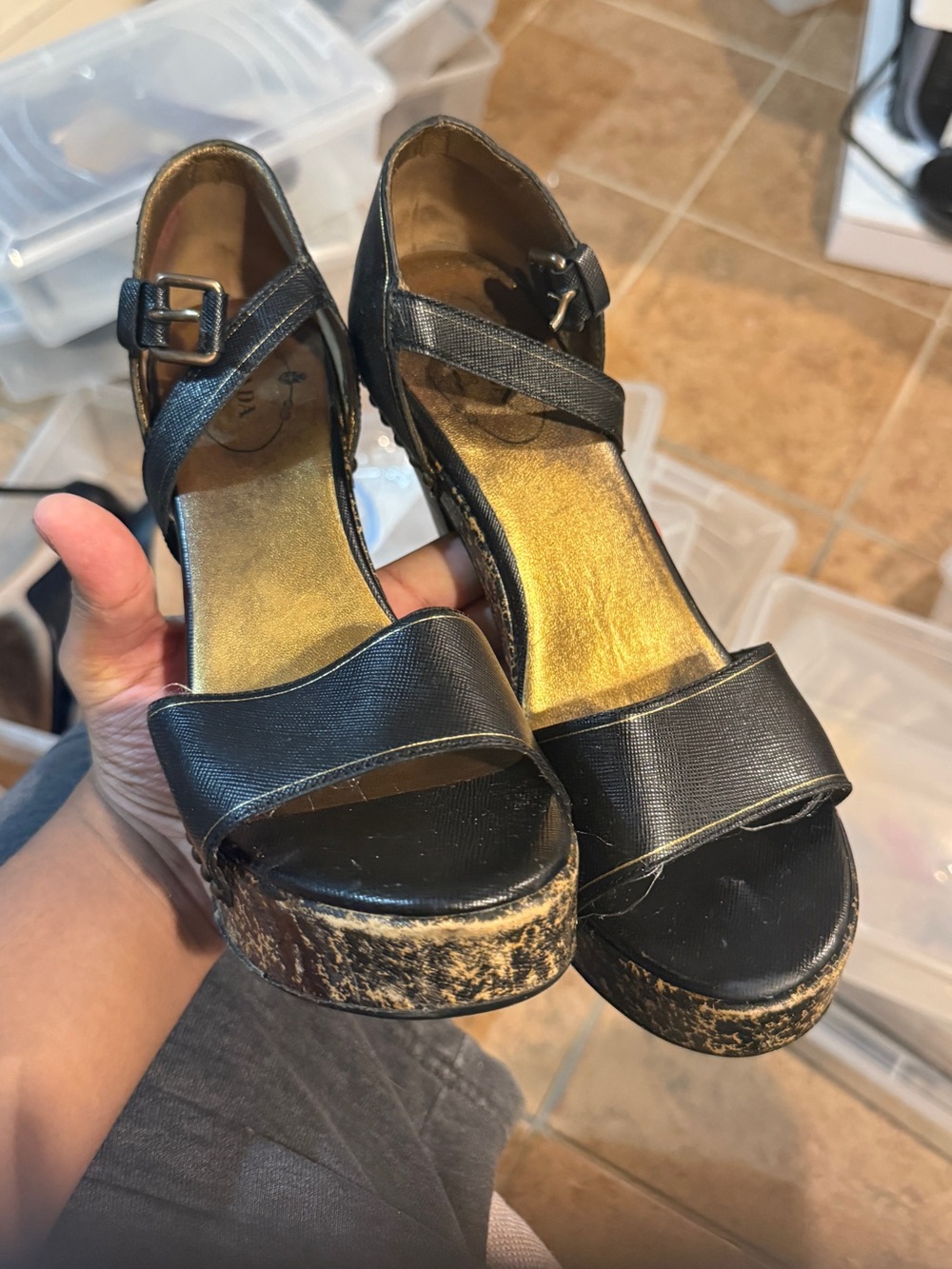 Prada Black Leather Platform Wedge Sandals with Gold Insole